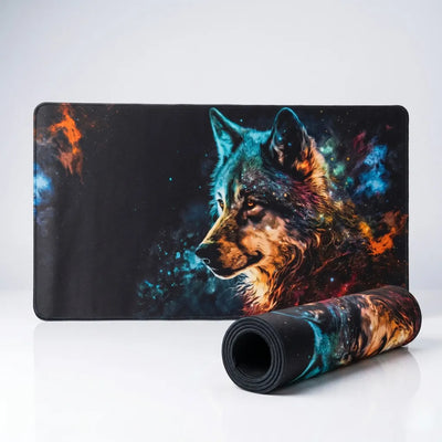 POPMYPAD Tapis de Souris Gamer Deskmat XL/XXL - Loup Nébuleuse Cosmique (Multicolore)