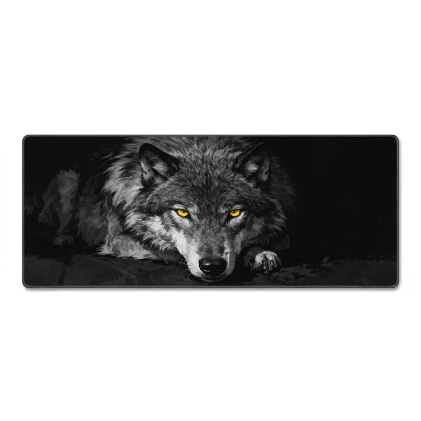 PopMyPad Tapis de Souris Gamer Deskmat XL/XXL - Loup Alpha Yeux Jaunes (Noir et Blanc)
