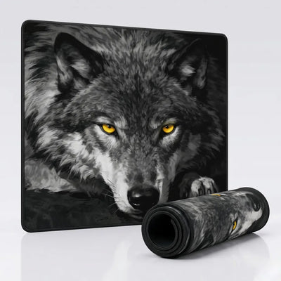 PopMyPad Tapis de Souris Gamer Deskmat XL/XXL - Loup Alpha Yeux Jaunes (Noir et Blanc)