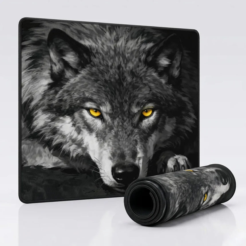 PopMyPad Tapis de Souris Gamer Deskmat XL/XXL - Loup Alpha Yeux Jaunes (Noir et Blanc)