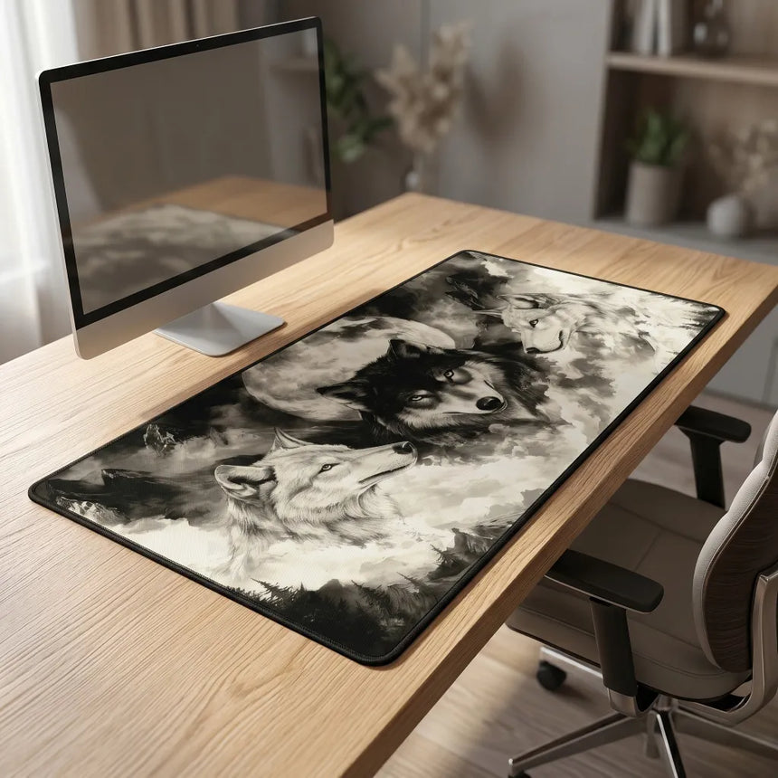 PopMyPad Tapis de Souris Gamer Deskmat XL/XXL - Trois Loups & Pleine Lune (Noir et Blanc)