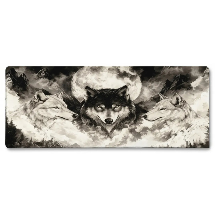 PopMyPad Tapis de Souris Gamer Deskmat XL/XXL - Trois Loups & Pleine Lune (Noir et Blanc)