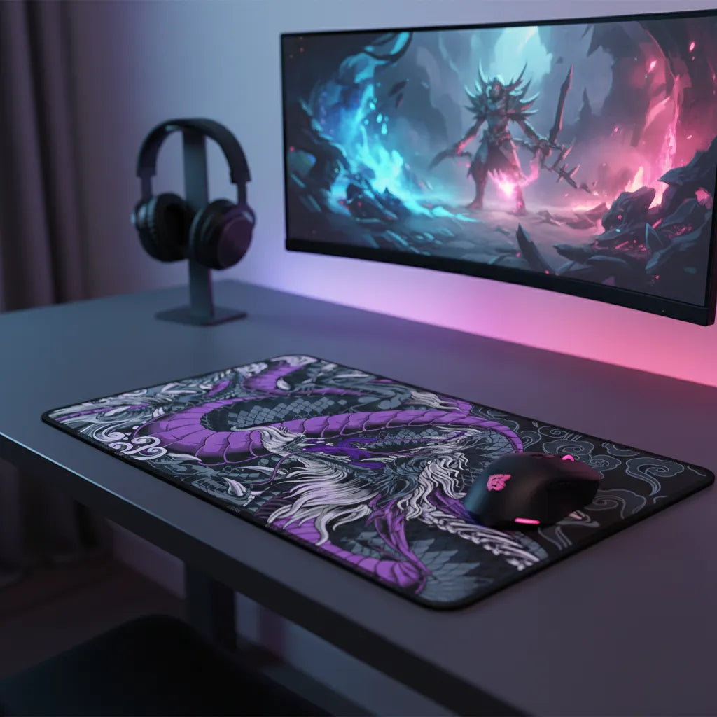 Tapis de Souris Gamer Dragon Japonais - Violet & Noir - Édition Mythologique XXL sur un bureau de gaming moderne.