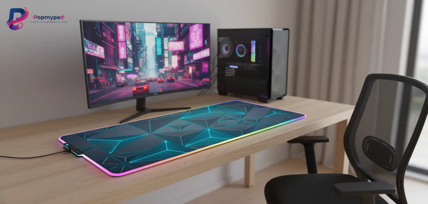 Tapis de Souris Gamer XXL - Design 3D Futuriste & Néon Cyan RGB