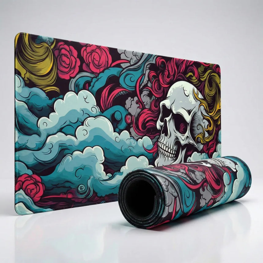 Tapis de Souris Gamer XXL - Design Crâne Onirique et Roses Mystiques