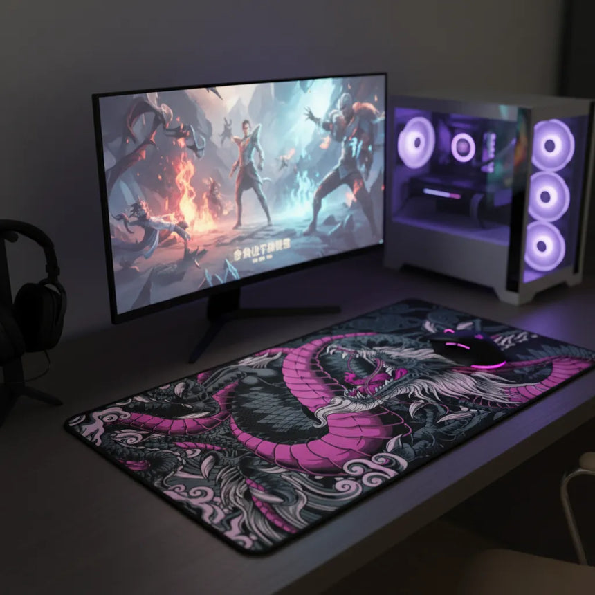 Tapis de Souris Gaming Dragon Néon Rose & Noir - XXL
