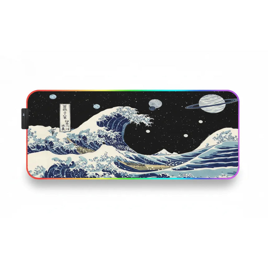 Tapis de Souris Gaming XXL - Grande Vague du Japon & Espace Cosmique (RGB)