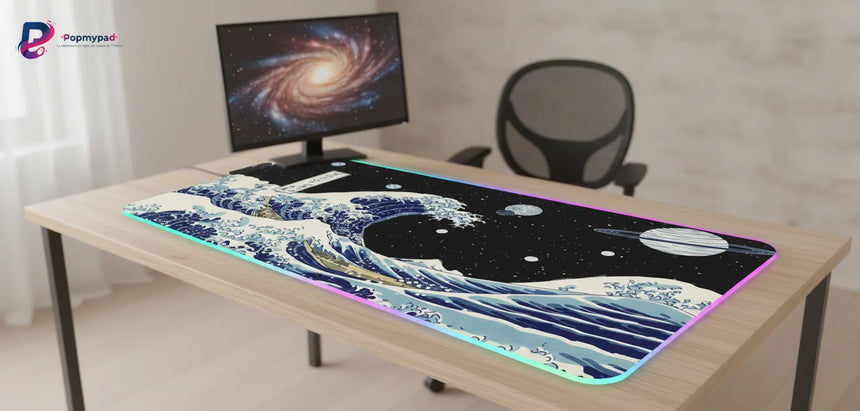 Tapis de Souris Gaming XXL - Grande Vague du Japon & Espace Cosmique (RGB)