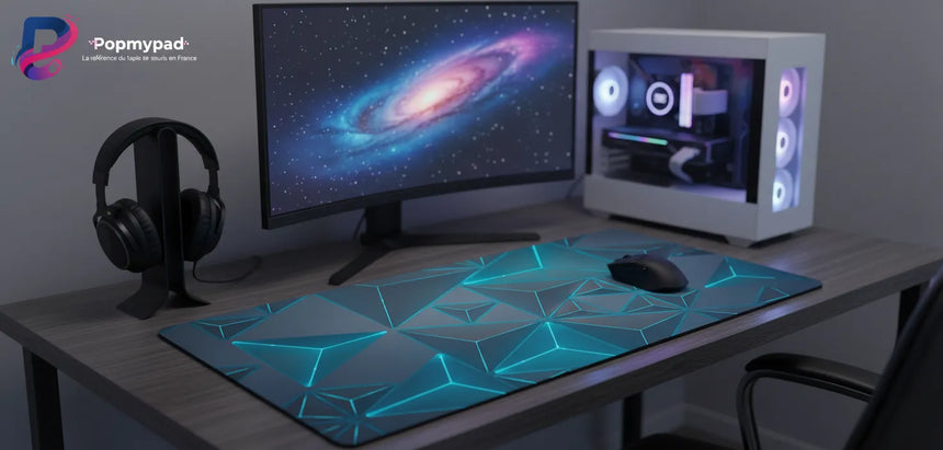 Tapis de Souris Gaming XXL — Design 3D Futuriste & Néon Cyan