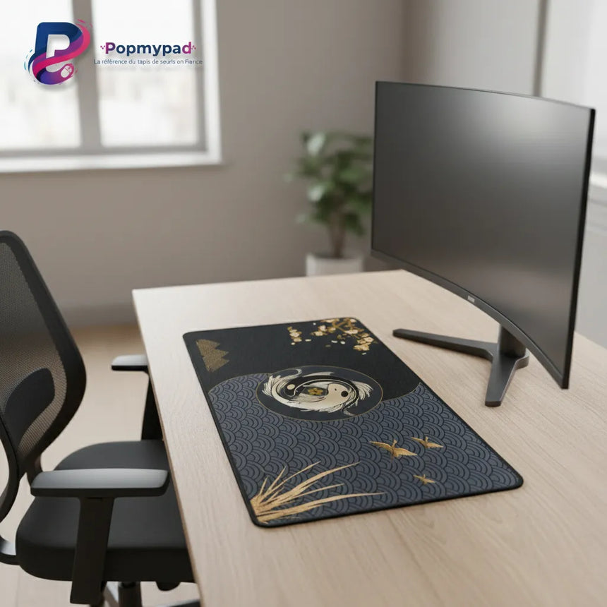 Tapis de Souris Japonais Carpes Koï Yin-Yang — Équilibre & Sérénité Or et Noir