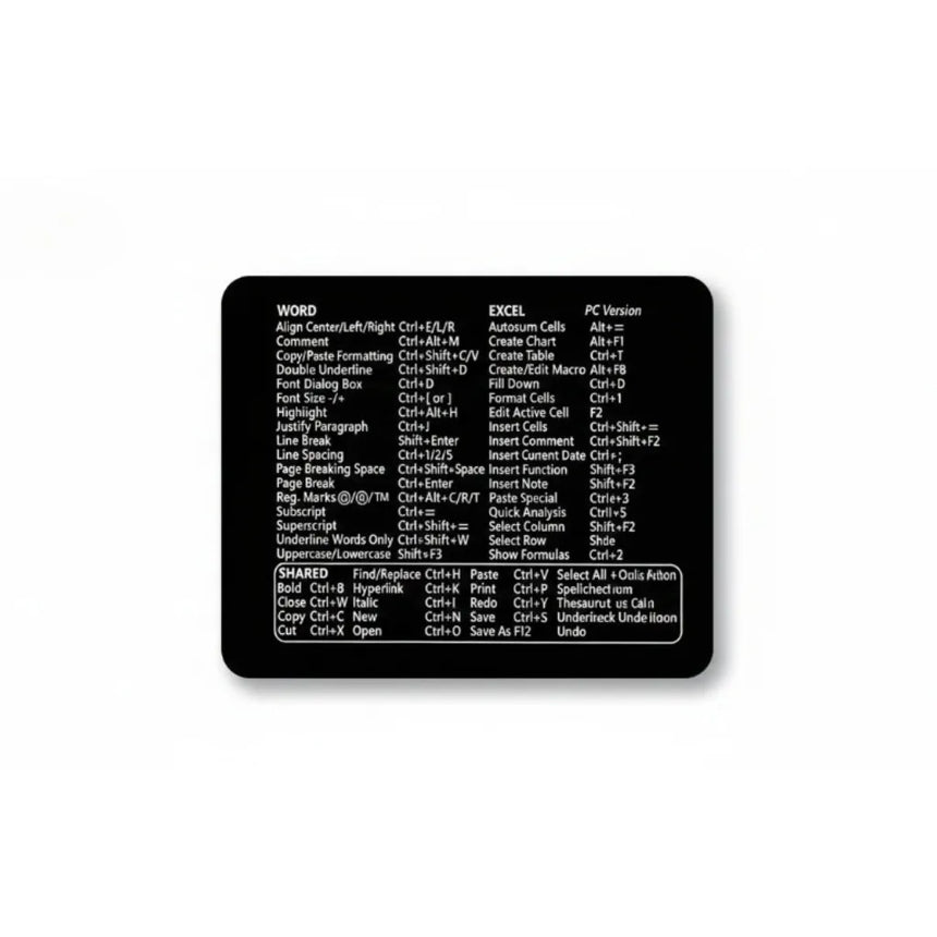 Tapis de Souris Raccourcis Bureau - Design Minimaliste Word & Excel