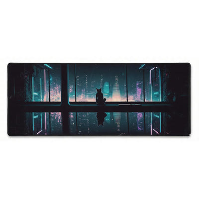 Tapis de Souris Chat XXL - Édition Horizon Cyberpunk & Chat Contemplatif