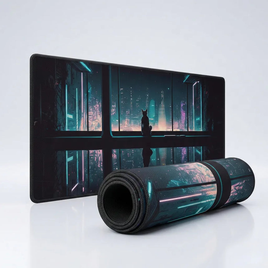 Tapis de Souris Chat XXL - Édition Horizon Cyberpunk & Chat Contemplatif