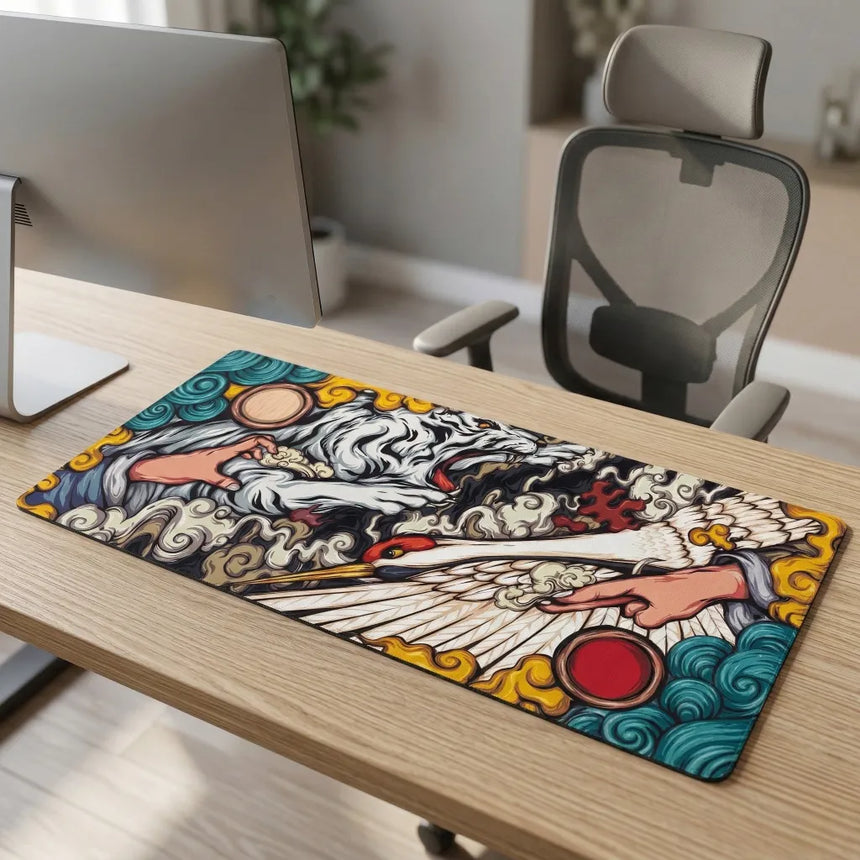 Tapis de Souris XXL - Tigre Blanc & Grue Sacrée (Édition Ukiyo-e)