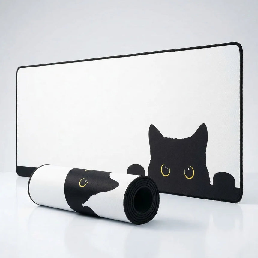 Tapis de Souris XXL Design Chat Curieux - Finition Premium Noir & Blanc