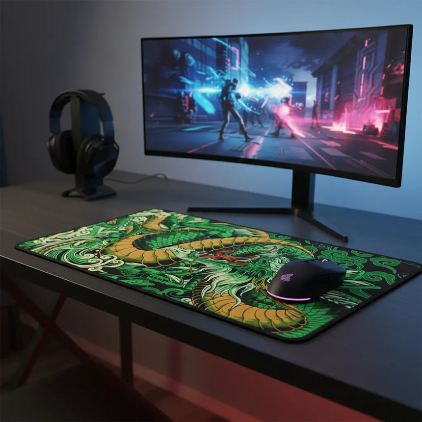 Tapis de Souris XXL Dragon Japonais - Édition Émeraude & Or Impérial