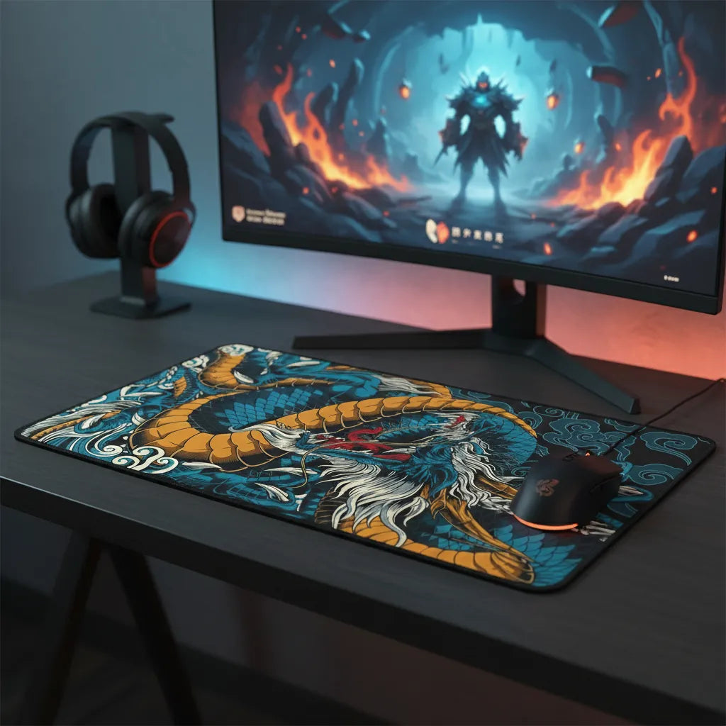 Tapis de Souris XXL Dragon Japonais - Édition Légendaire Bleu & Ocre sur bureau avec casque et moniteur.