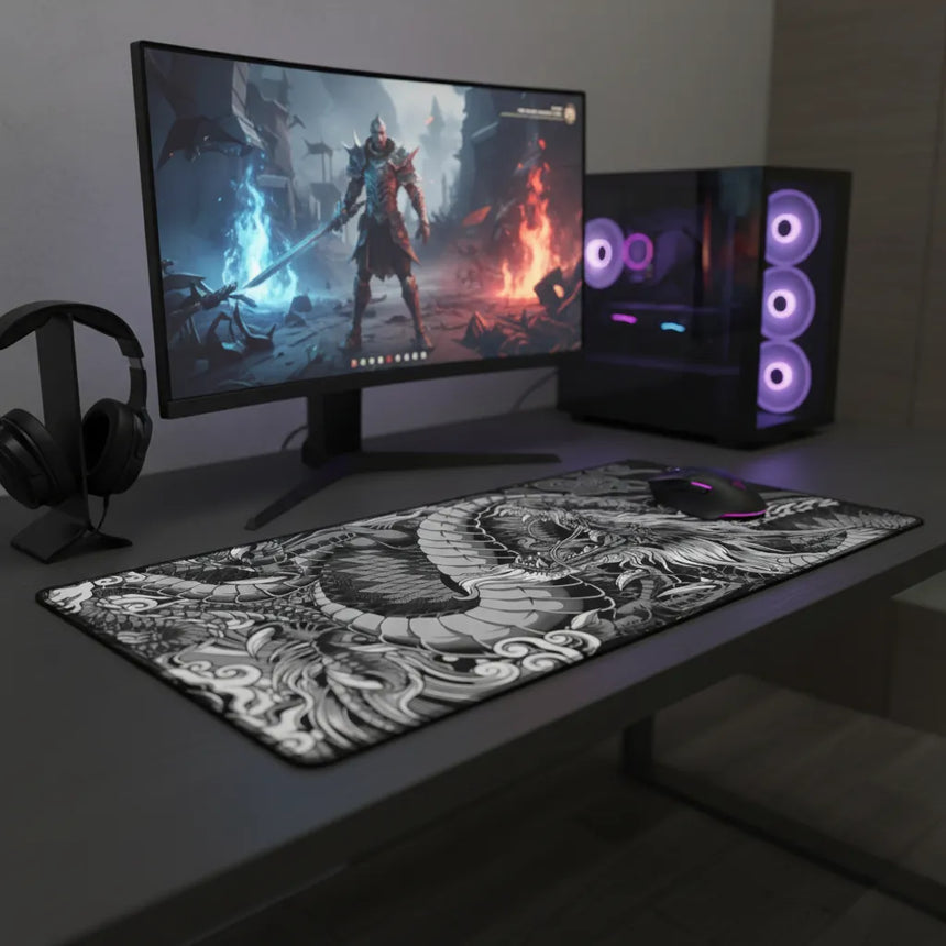 Tapis de Souris XXL Dragon Japonais - Édition Monochrome Impériale