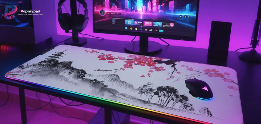 Tapis de Souris XXL RGB - Design Japonais Zen : Sakura & Pagode