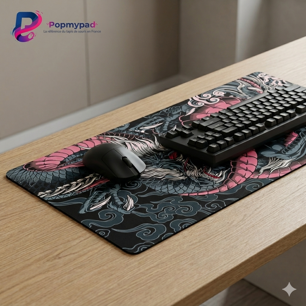 Tapis de Souris XXL Dragon Japonais - Rose & Anthracite avec clavier et souris sur bureau en bois