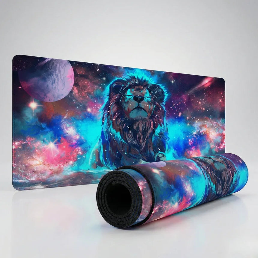 Tapis de souris Gaming XL - Lion Cosmique & Nébuleuse Stellaire