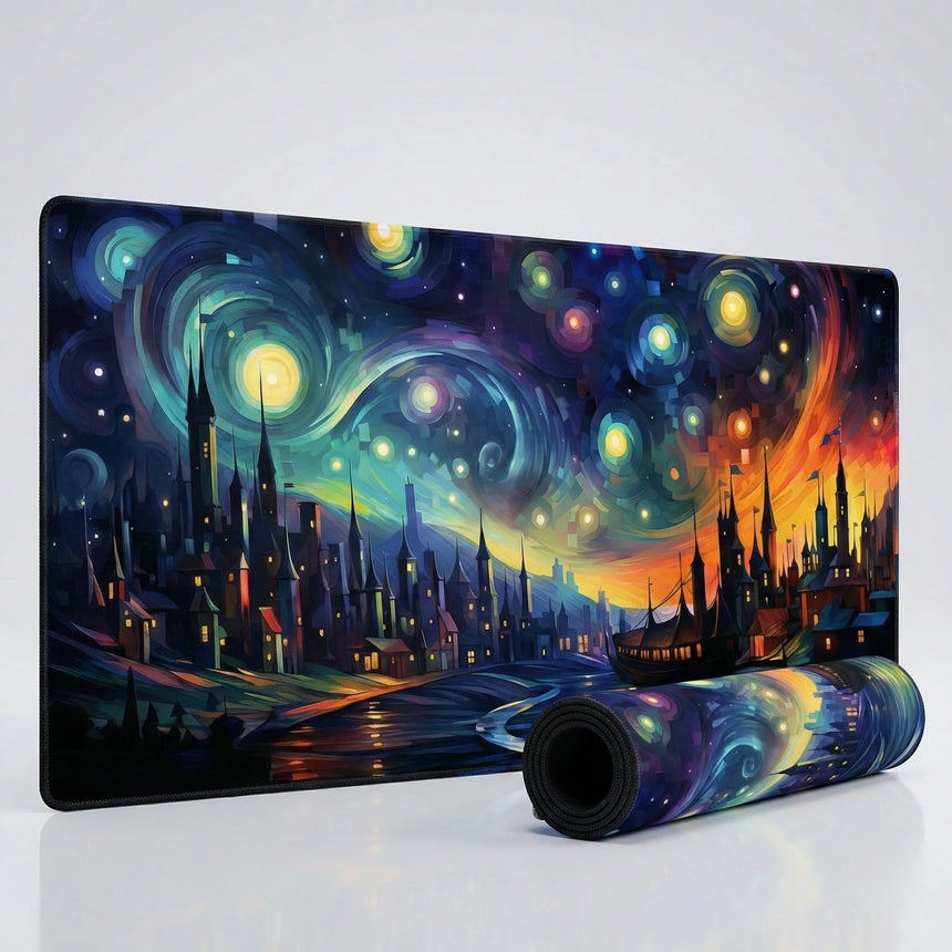 Tapis de souris Gaming & Bureau - Design Artistique "Cité Onirique Étoilée"