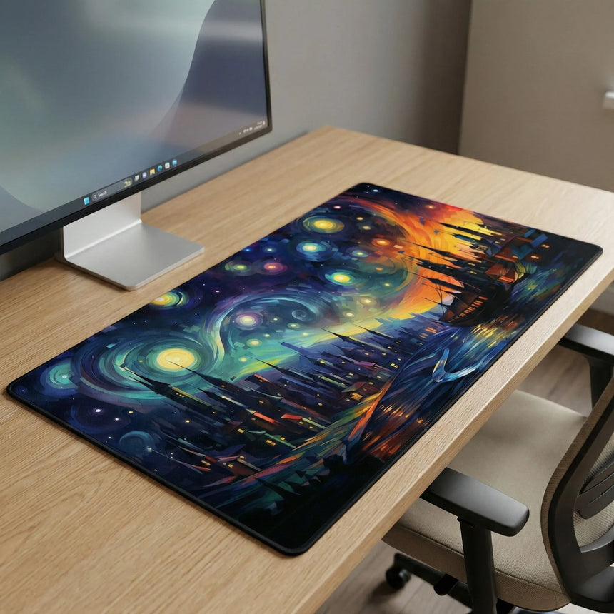 Tapis de souris Gaming & Bureau - Design Artistique "Cité Onirique Étoilée"
