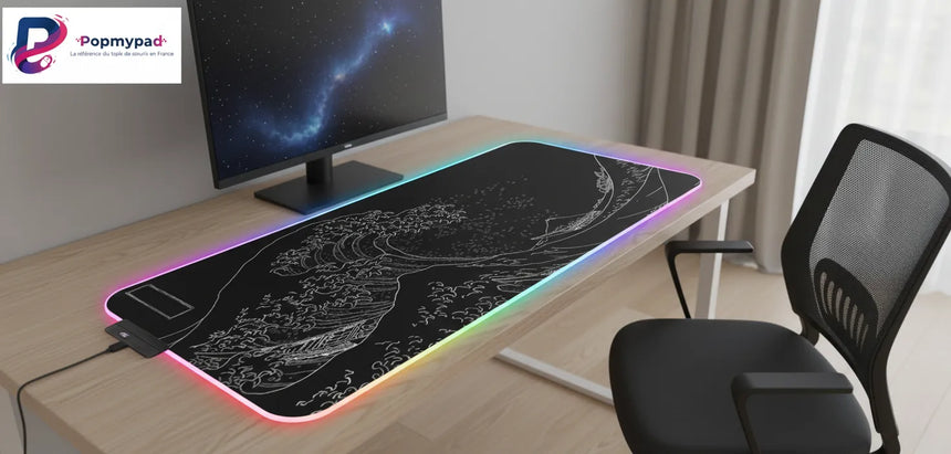 Tapis de souris RGB "Grande Vague" – Design Japonais Minimaliste Noir & Blanc