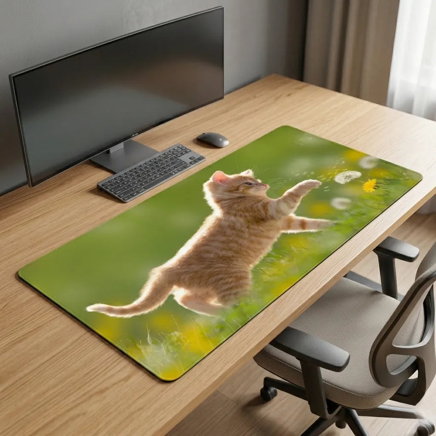 Tapis de souris XXL - Chaton roux et Pissenlits - Design Nature & Douceur