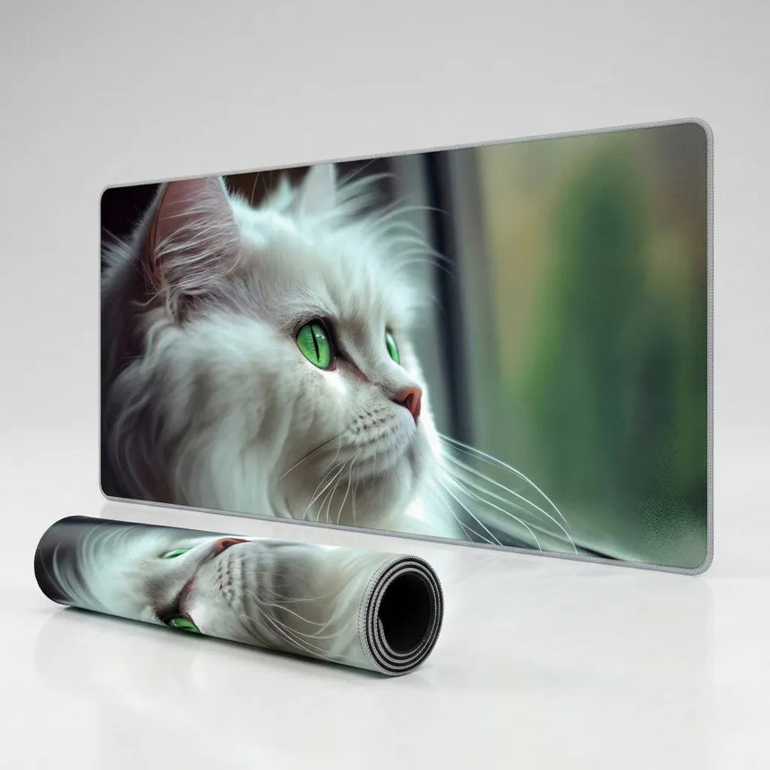 Tapis de souris XXL Chat Blanc aux Yeux Verts - Design Artistique & Confort Premium