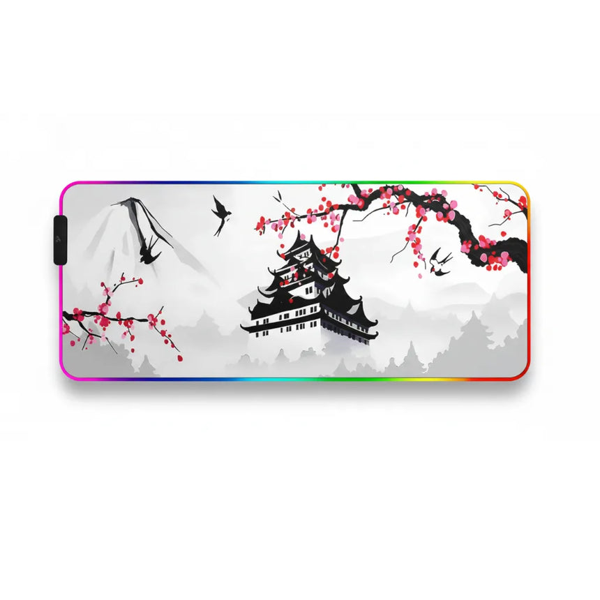 Tapis de souris XXL Japon - Design Mont Fuji & Sakura avec Bordure RGB