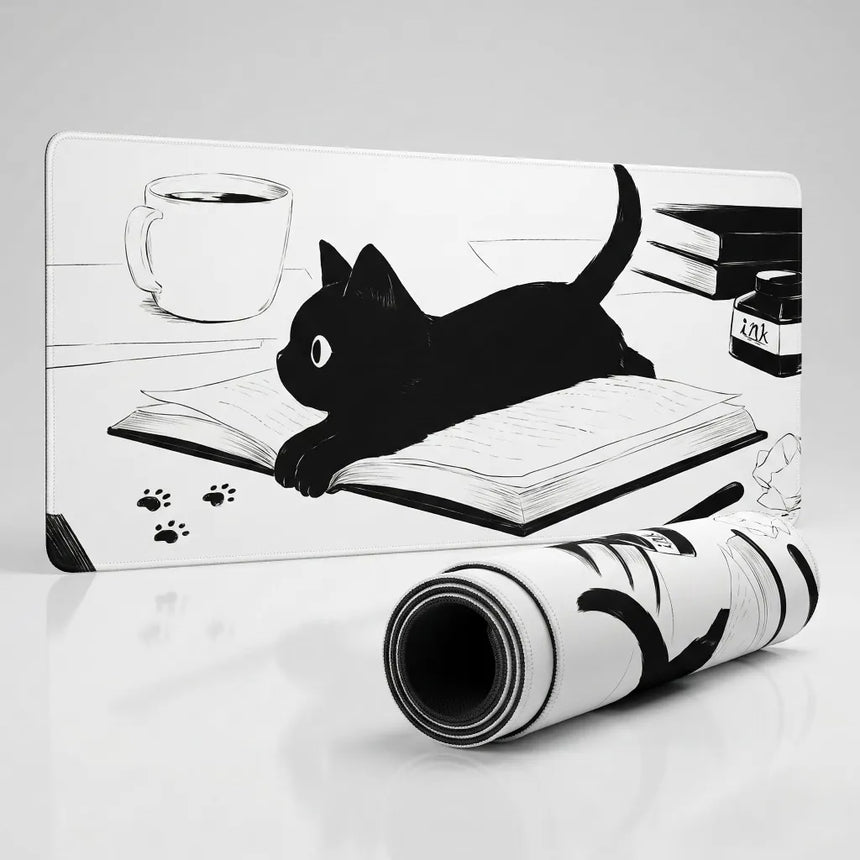 Tapis de souris XXL "Le Chat Érudit" – Illustration Artistique à l'Encre