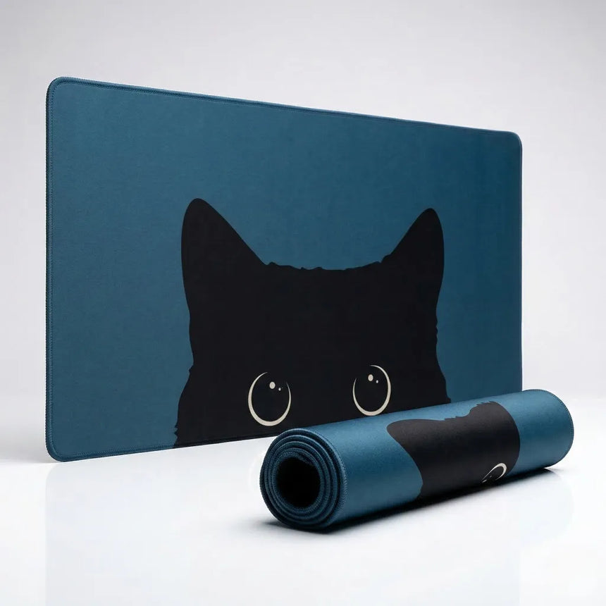 Tapis de souris XXL "Midnight Cat" - Design Silhouette Féline & Bleu Pétrole