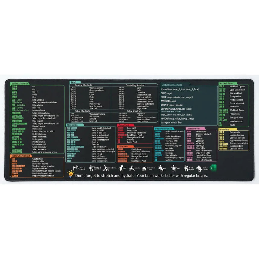Tapis de souris XXL Raccourcis Clavier - Pack Productivité Excel & Word