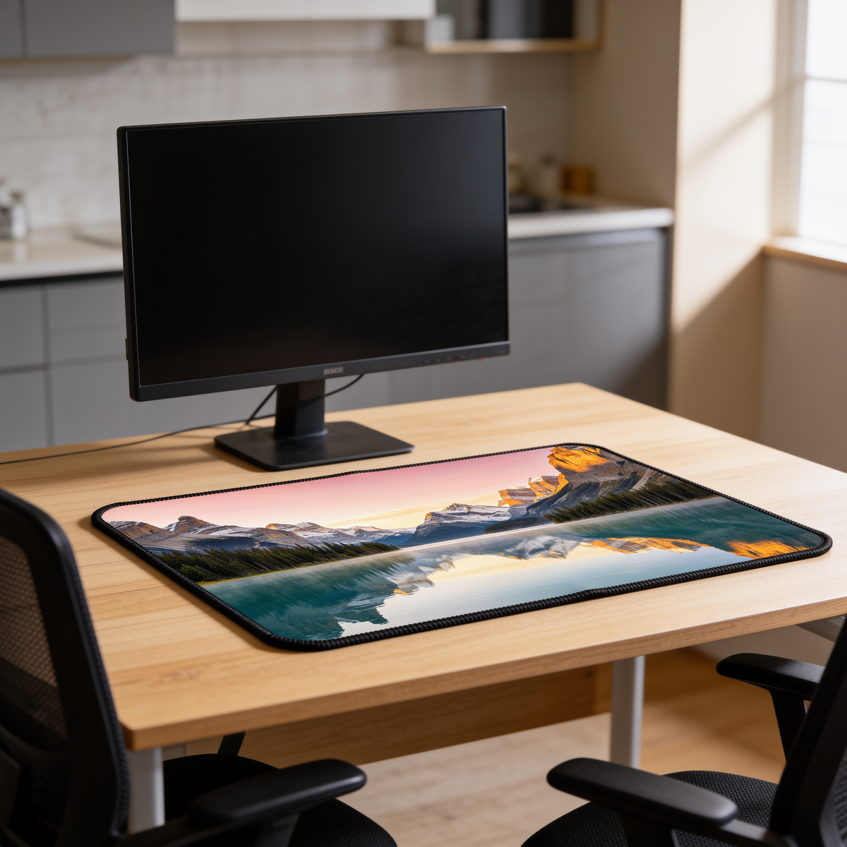 Tapis de souris XXL en tissu PopMyPad sur un bureau en chêne — l'alternative au tapis de souris en verre