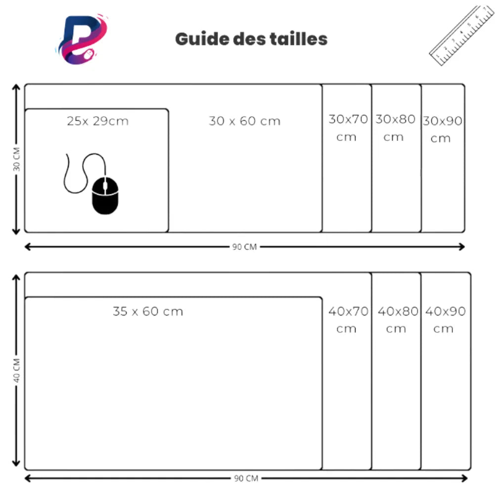 Guide des tailles pour Tapis de Souris Gaming & Bureau — Renard Céleste Onirique.