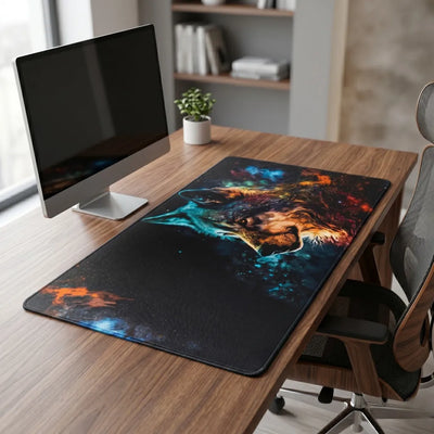 POPMYPAD Tapis de Souris Gamer Deskmat XL/XXL - Loup Nébuleuse Cosmique (Multicolore)