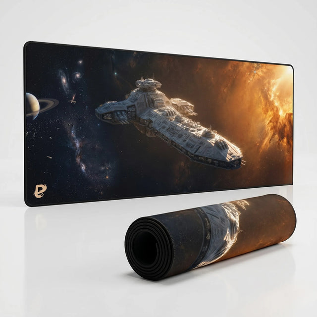 Tapis de souris gamer XXL Vaisseau interstellaire PopMyPad, présenté debout et roulé
