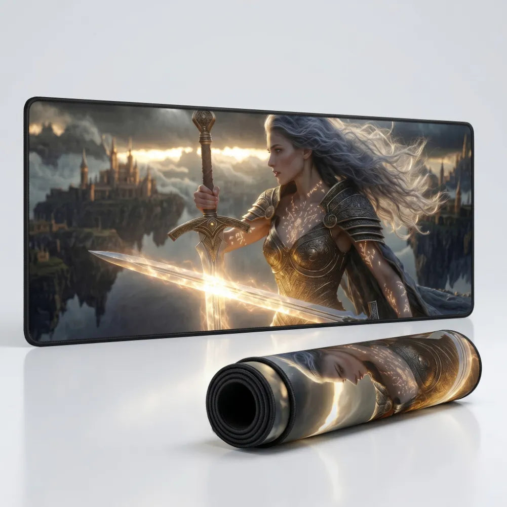 Tapis de souris gamer XXL Éveil de la Valkyrie PopMyPad, présenté debout et roulé