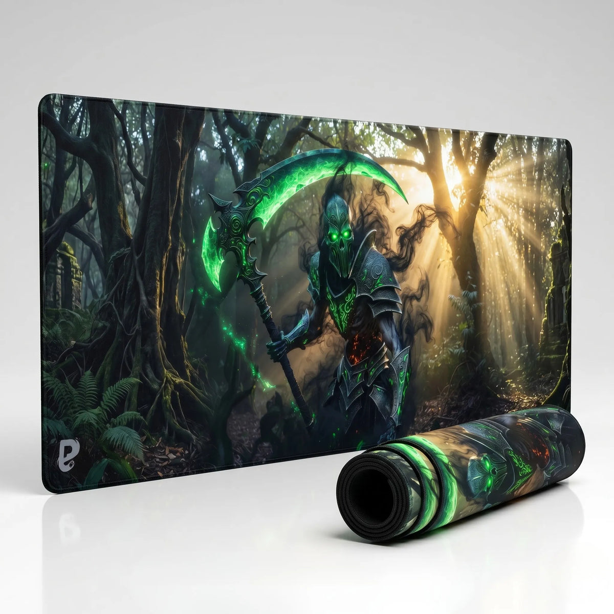 Tapis de souris gamer XXL Faucheur vert néon PopMyPad, présenté debout et roulé
