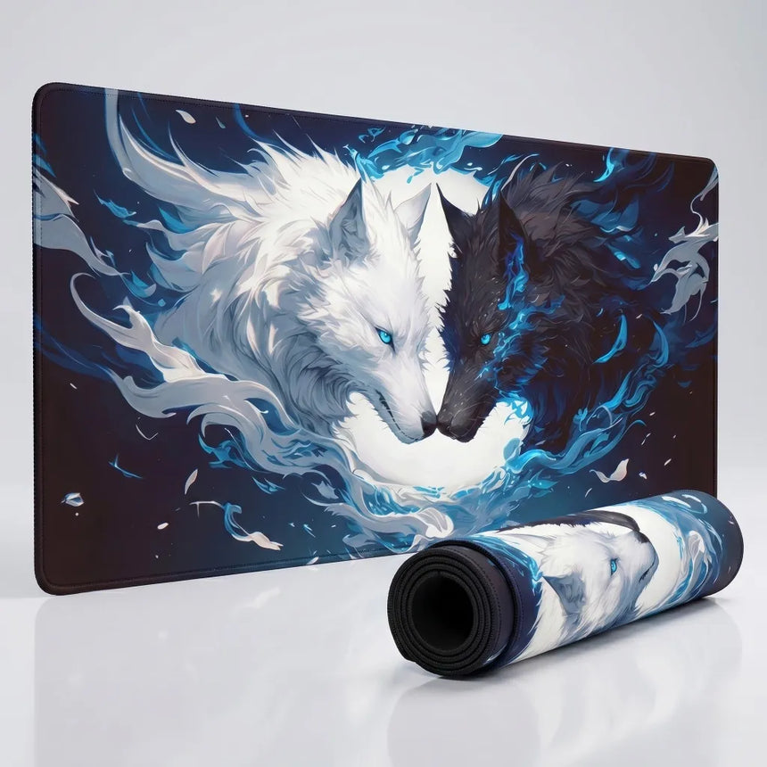 PopMyPad Tapis de Souris Gamer Deskmat XL/XXL - Duo de Loups Yin Yang (Noir, Blanc & Bleu)