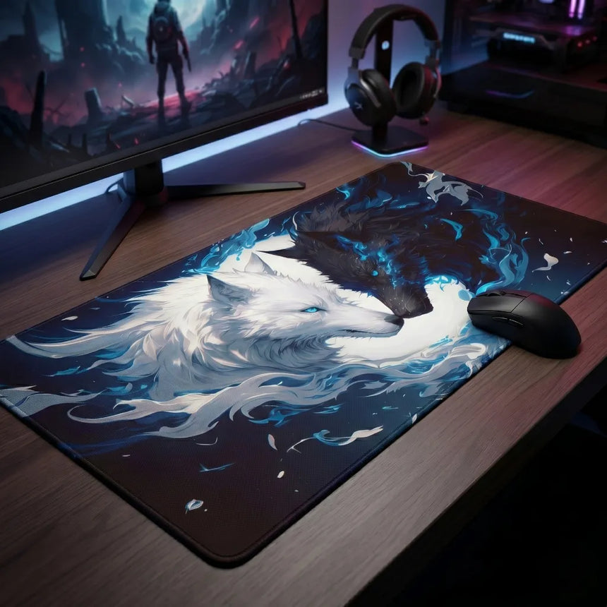 PopMyPad Tapis de Souris Gamer Deskmat XL/XXL - Duo de Loups Yin Yang (Noir, Blanc & Bleu)
