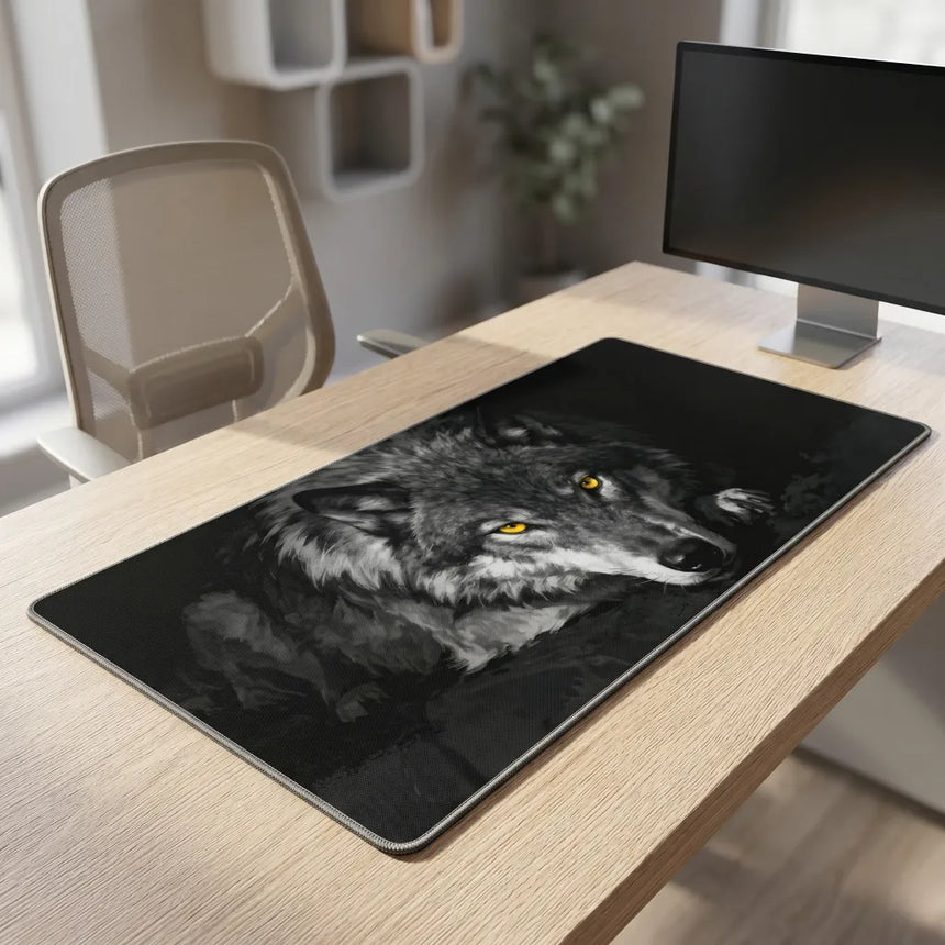PopMyPad Tapis de Souris Gamer Deskmat XL/XXL - Loup Alpha Yeux Jaunes (Noir et Blanc)