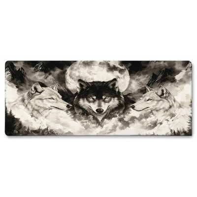 PopMyPad Tapis de Souris Gamer Deskmat XL/XXL - Trois Loups & Pleine Lune (Noir et Blanc)