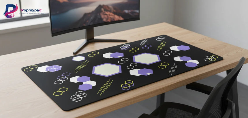 Tapis de Souris Design "Odyssée Géométrique" - Hexagones Violet & Néon XXL