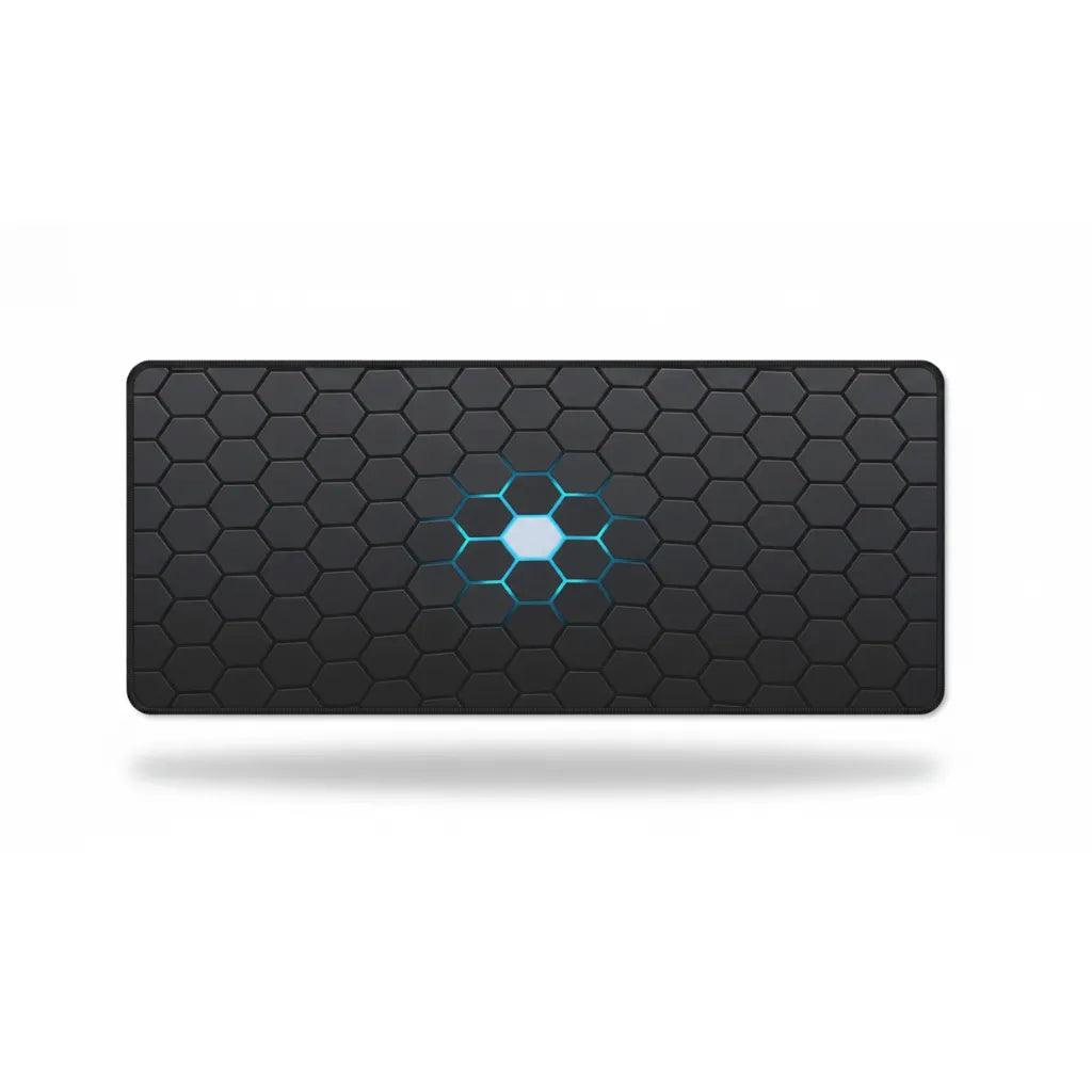 Tapis de Souris Gamer XXL - Design Hexagone 3D & Noyau Luminescent Cyan
