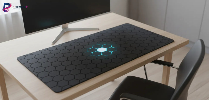Tapis de Souris Gamer XXL - Design Hexagone 3D & Noyau Luminescent Cyan