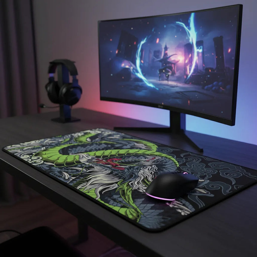 Tapis de Souris Gamer XXL - Dragon Japonais Vert & Noir