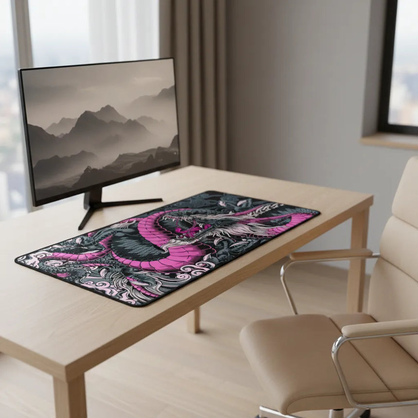 Tapis de Souris Gaming Dragon Néon Rose & Noir - XXL