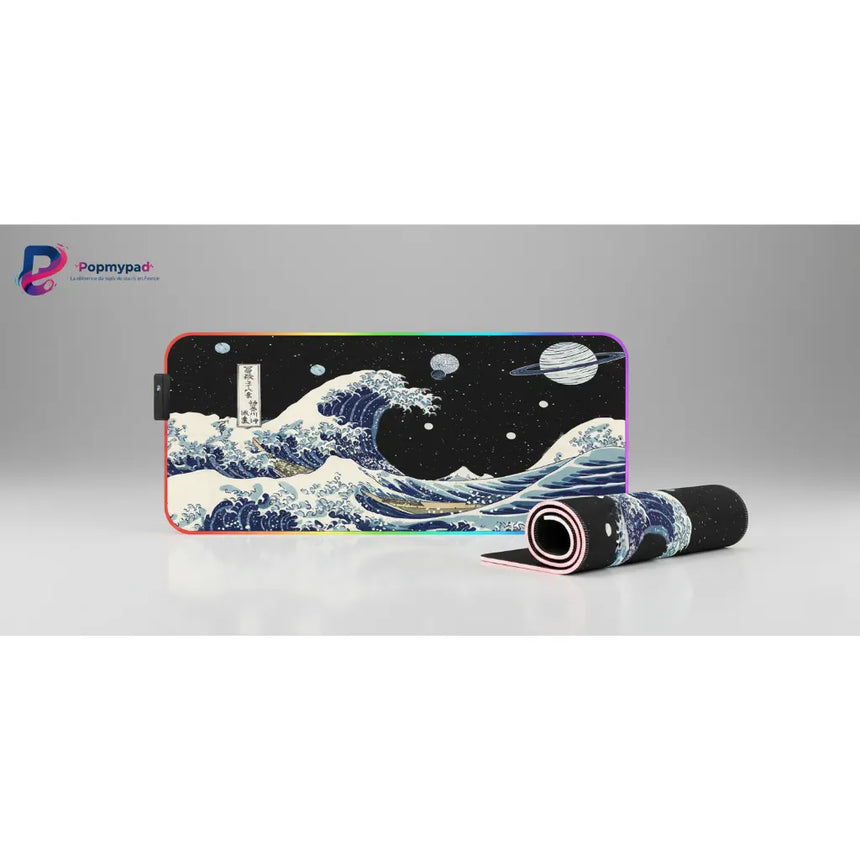 Tapis de Souris Gaming XXL - Grande Vague du Japon & Espace Cosmique (RGB)